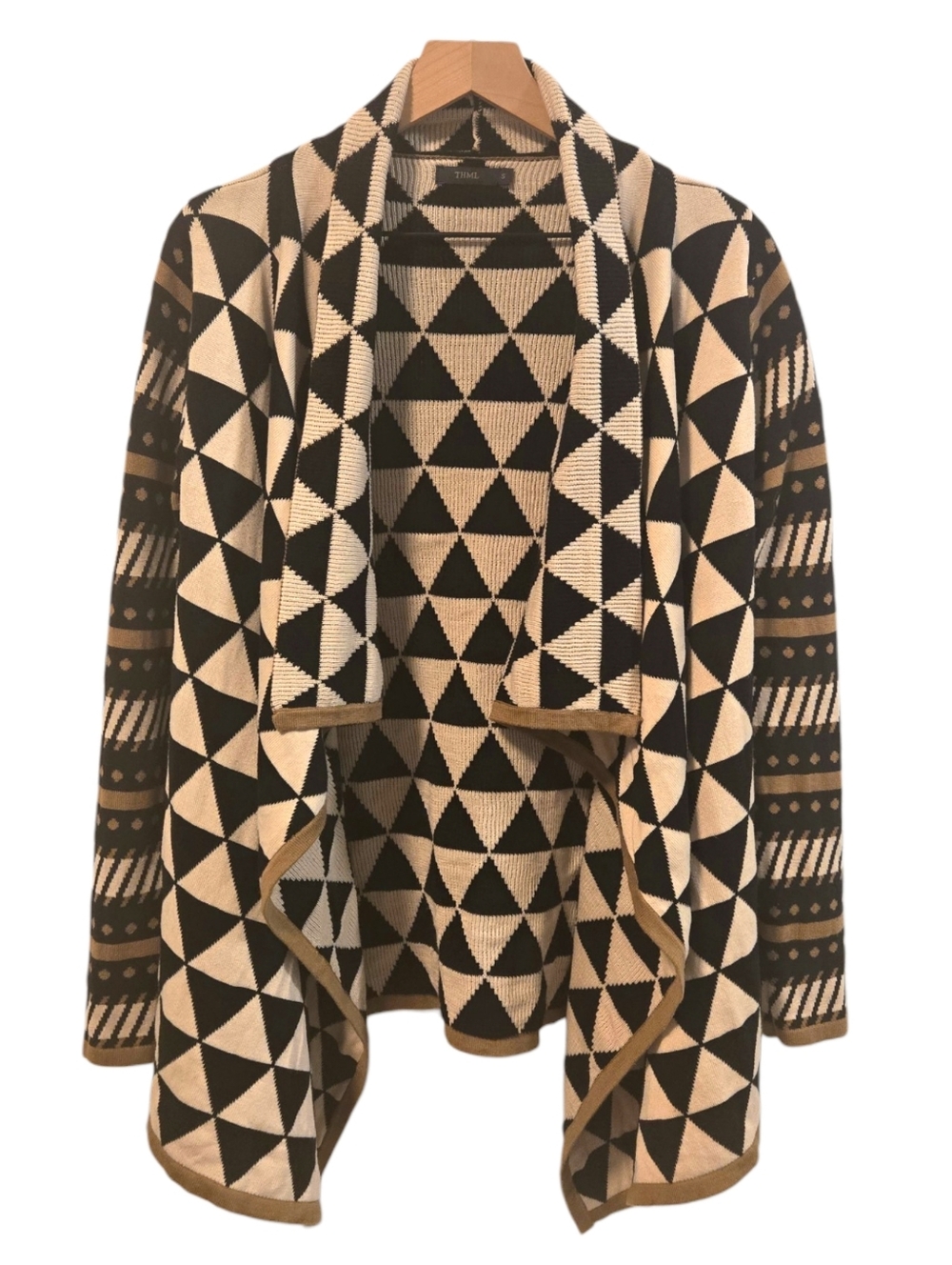 THML Black Tan Open Front Waterfall Geometric Aztec Knit Cardigan Small